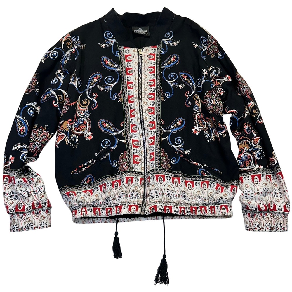 Angie Bomber Jacket Womens L Black Paisley Scarf Print Boho Festival Lightweight
